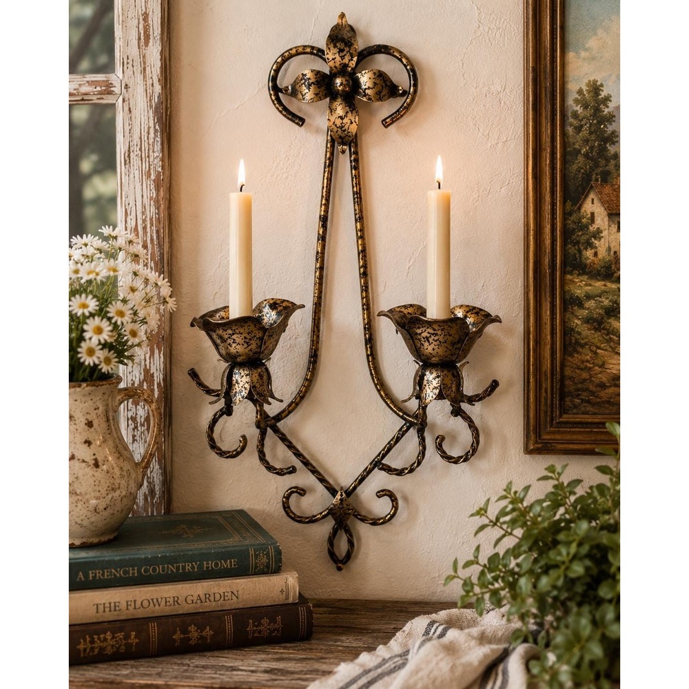 Metal Double Taper Candle Holder Wall Sconce Rustic Floral Scroll Wall Decor